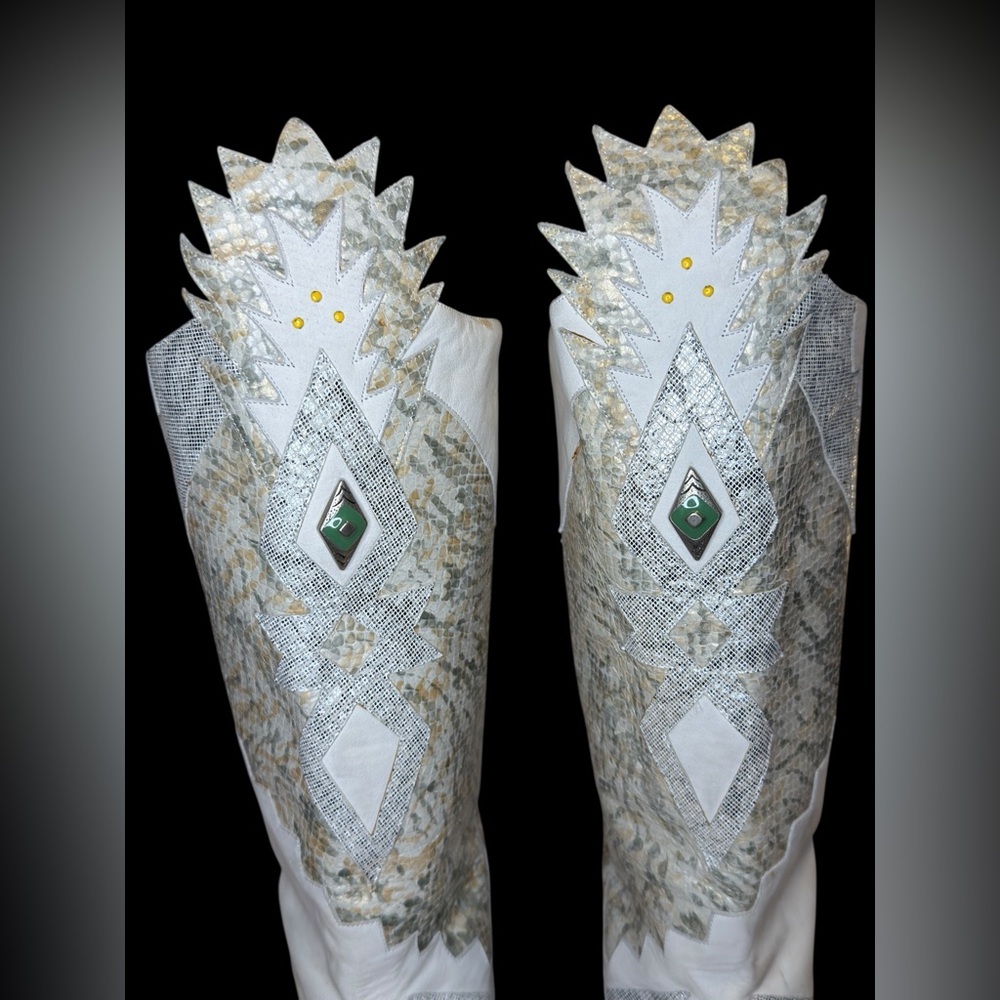 🌟 RARE Vintage Neiman Marcus White Western Tall Leather Boots Metallic sz 37.5 🌟 - Picture 5 of 13